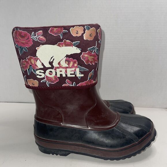 Sorel Maroon Floral Waterproof Slip-On Snow Boots Size 3 Fleece Lined - Picture 5 of 9